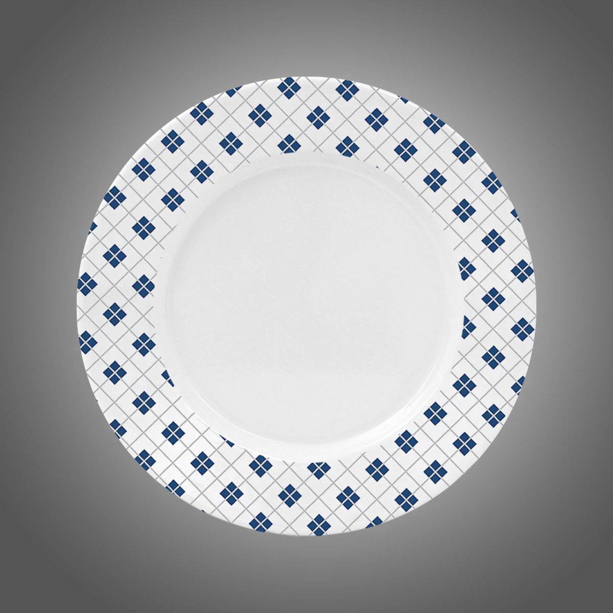 26 cm çapında melaminden üretilmiş beyaz ve desenli servis tabağı